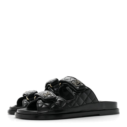 Chanel Lambskin Quilted Velcro Dad Chain CC Slide Sandals 38 Black 3 of 9