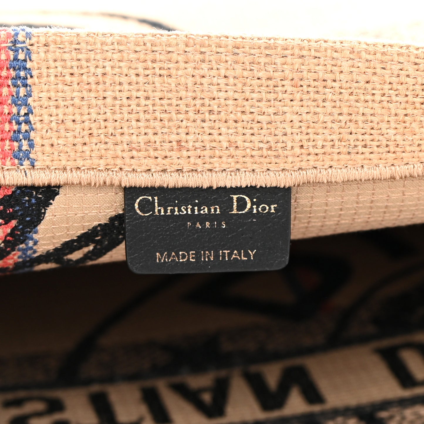 Canvas Jute Embroidered Medium Book Tote Black Beige