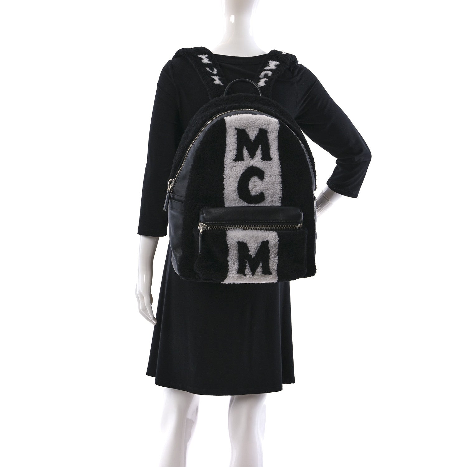 MCM Shearling Stripe Logo Stark Backpack Black White 2 of 9