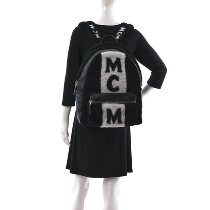 MCM Shearling Stripe Logo Stark Backpack Black White 2 of 9