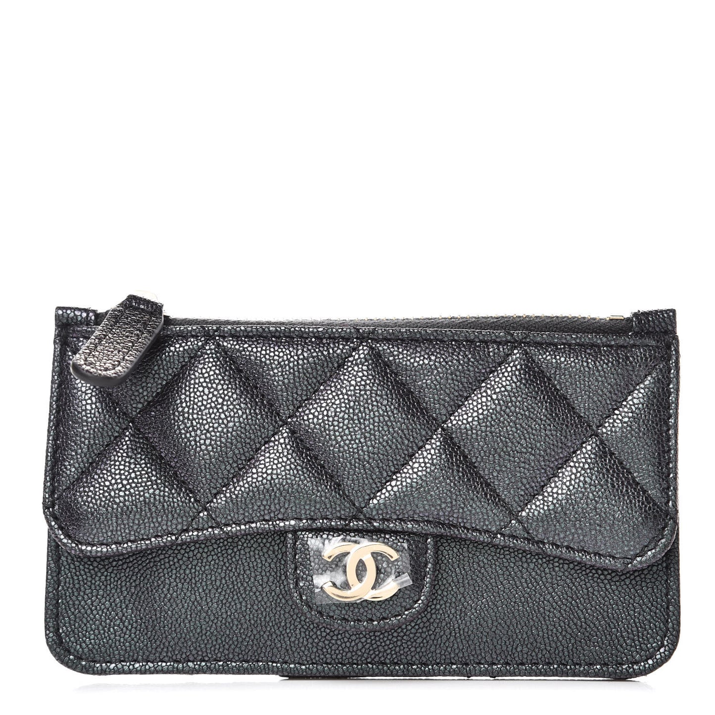 Iridescent Caviar Quilted Flap Zip Card Holder Black
