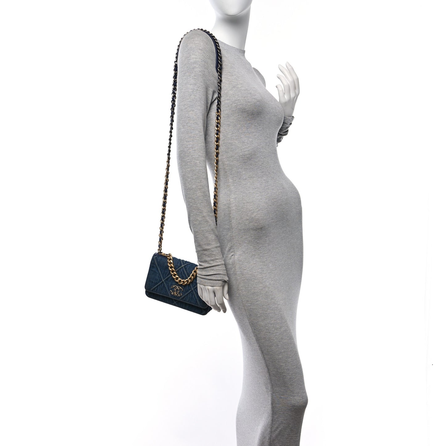Denim Quilted Chanel 19 Wallet On Chain WOC Blue