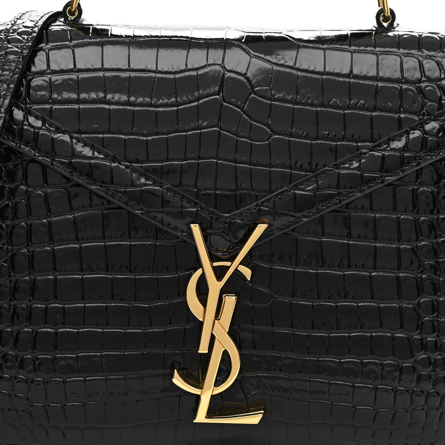 Saint Laurent Calfskin Crocodile Embossed Mini Classic Monogram Cassandra Top Handle Black 8 of 10