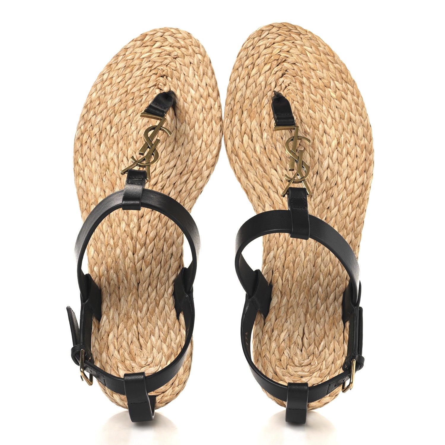 Saint Laurent Calfskin Raffia Cassandra Monogram Sandals 37.5 Black 2 of 8