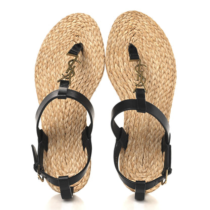 Saint Laurent Calfskin Raffia Cassandra Monogram Sandals 37.5 Black 2 of 8