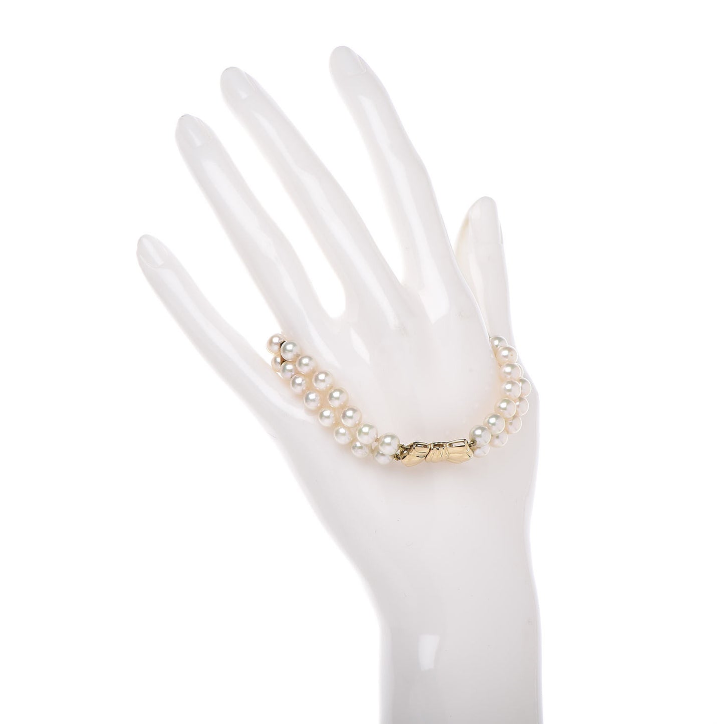 18K Yellow Gold Akoya Pearl Double Strand Bow Clasp Bracelet