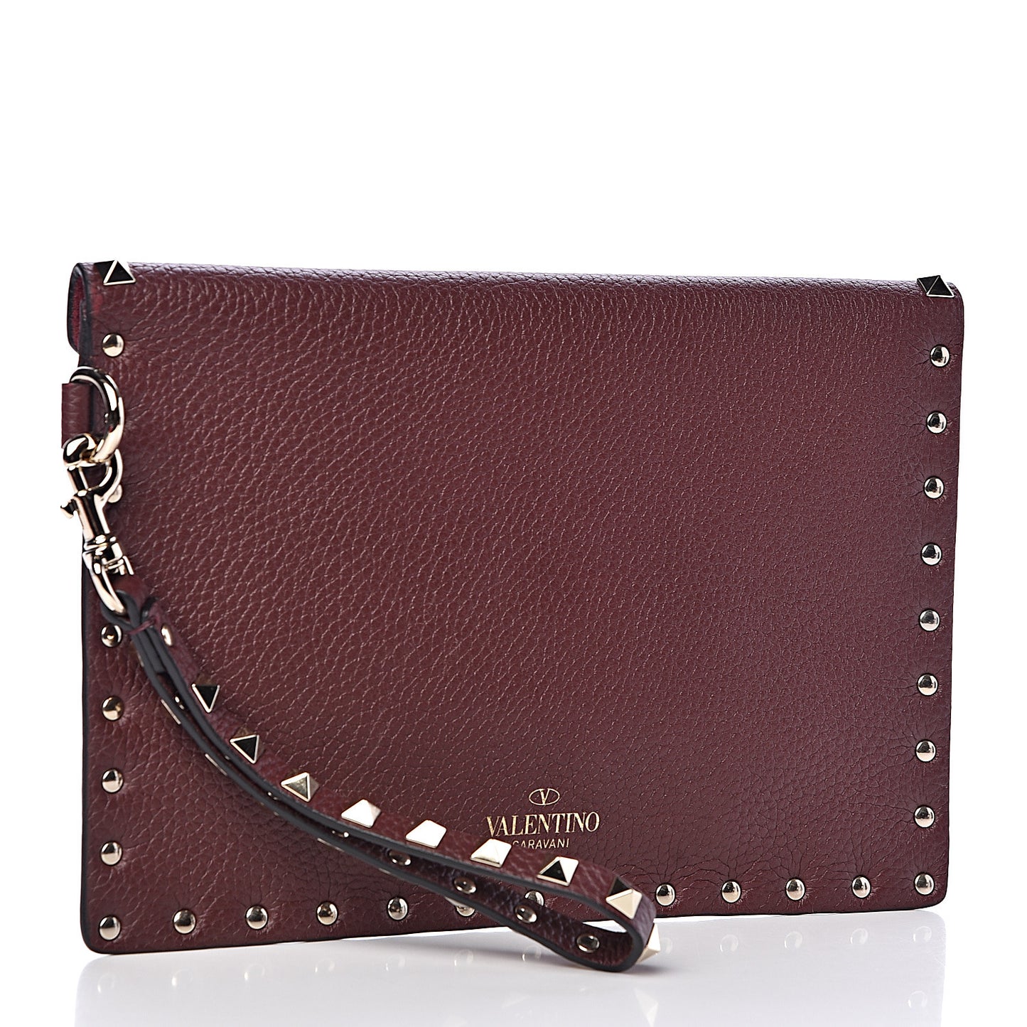 Pebbled Calfskin Medium Rockstud Envelope Flat Wristlet Pouch Rubin