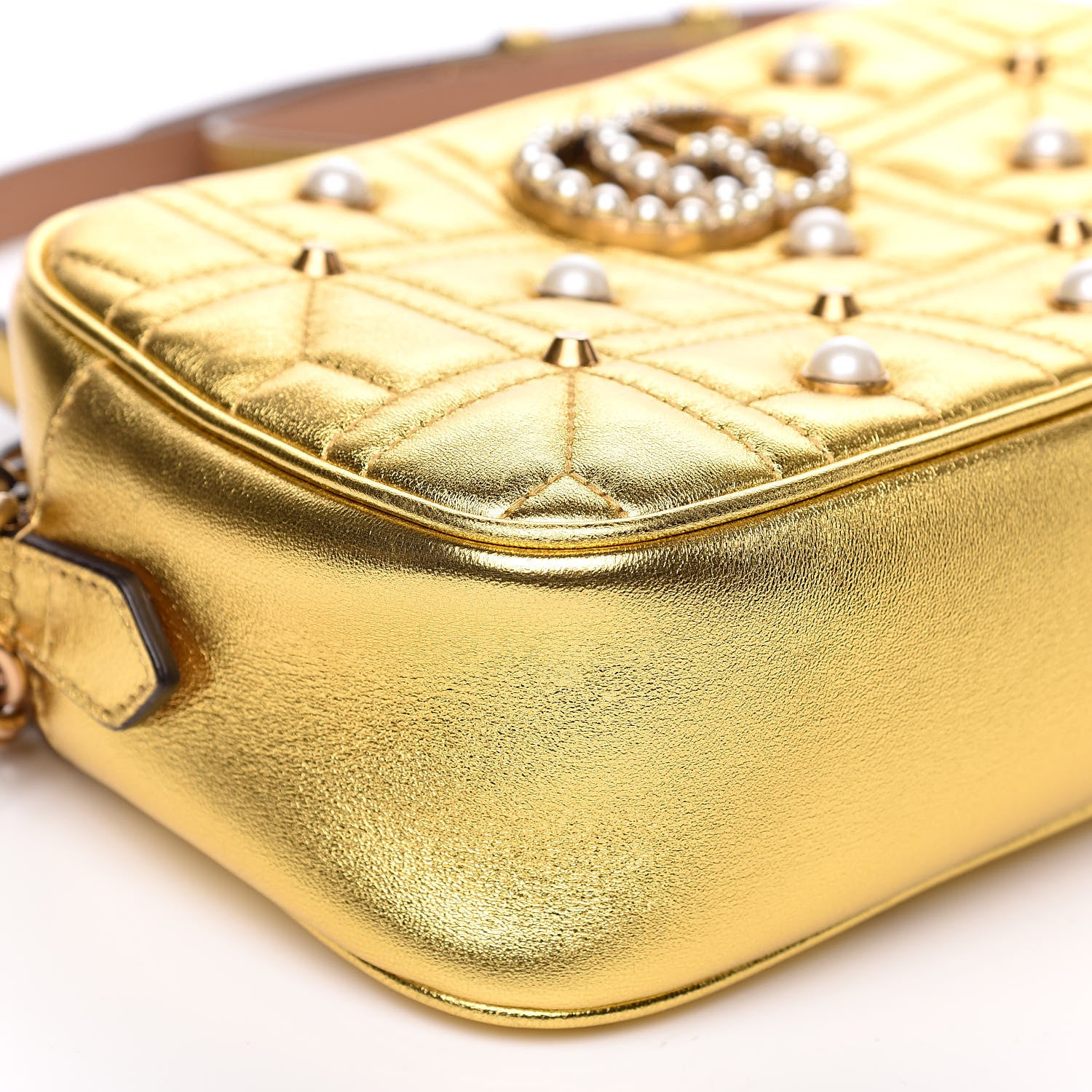 Gucci Metallic Calfskin Matelasse Studded Small Pearly GG Marmont Chain Shoulder Bag Gold 9 of 11