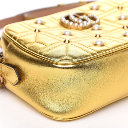 Gucci Metallic Calfskin Matelasse Studded Small Pearly GG Marmont Chain Shoulder Bag Gold 9 of 11