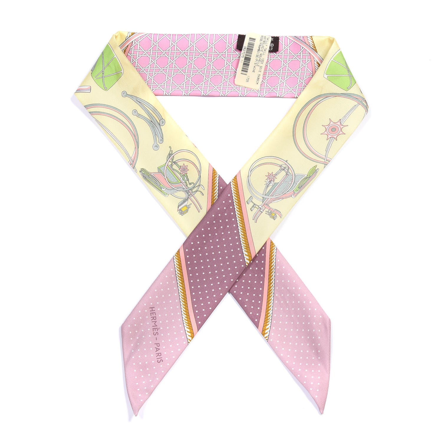 Hermes Silk Les Voitures A Transformation Twilly Jaune Soufre Vieux Rose Vert 1 of 3