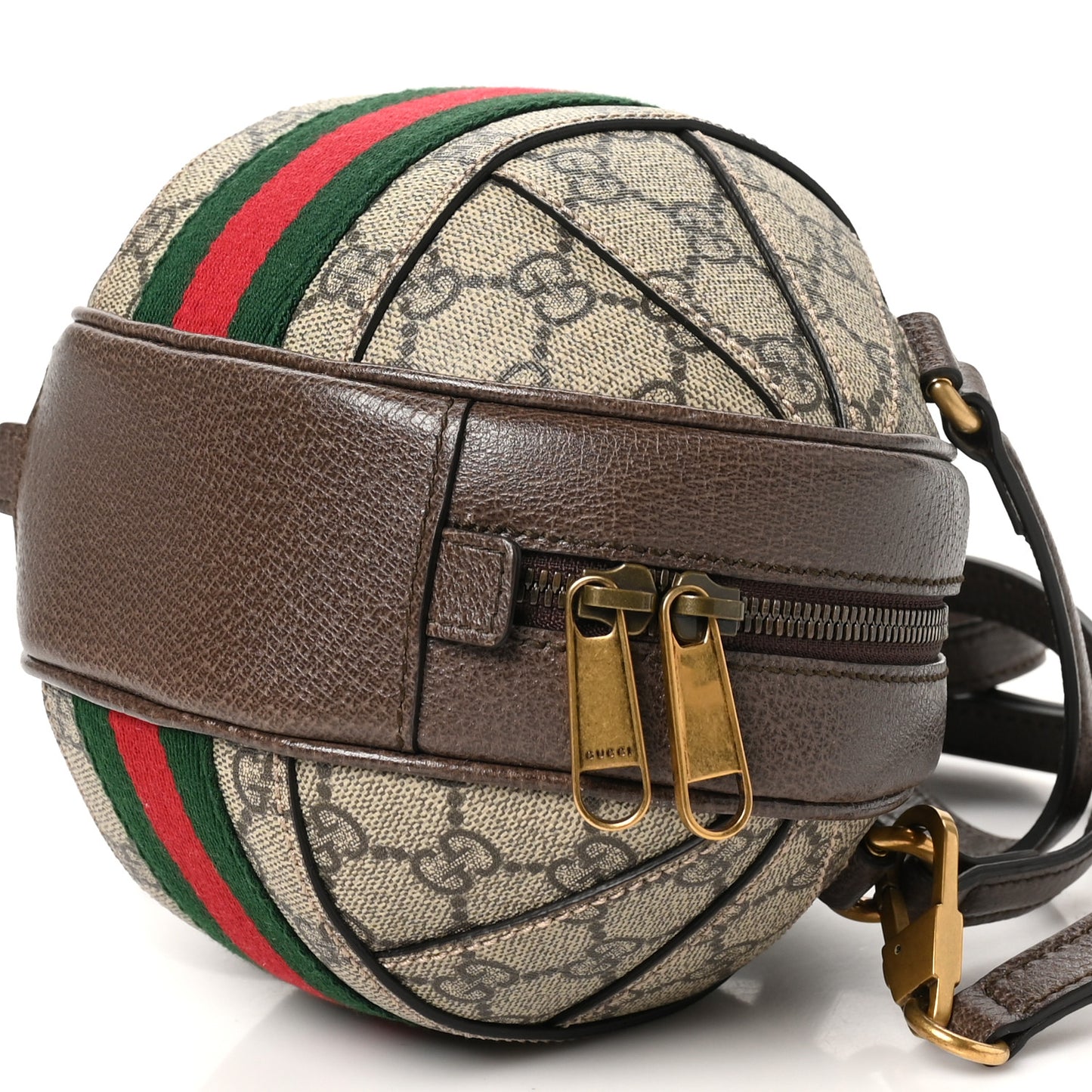 GG Supreme Monogram Textured Dollar Calfskin Web Mini Ophidia Basketball Shaped Shoulder Bag Beige Ebony New Acero