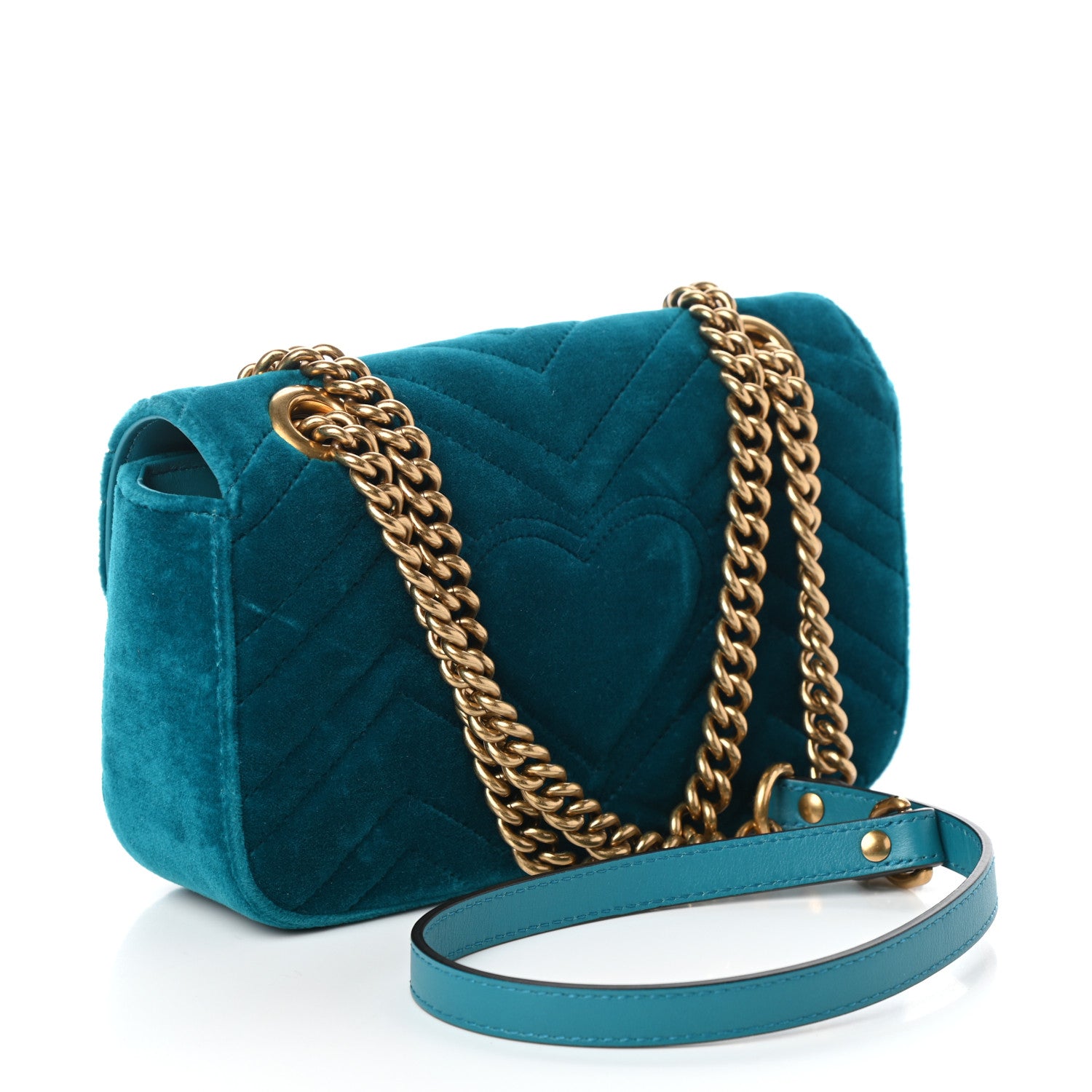 Gucci Velvet Matelasse Mini GG Marmont Shoulder Bag Pavone Cyan 3 of 9