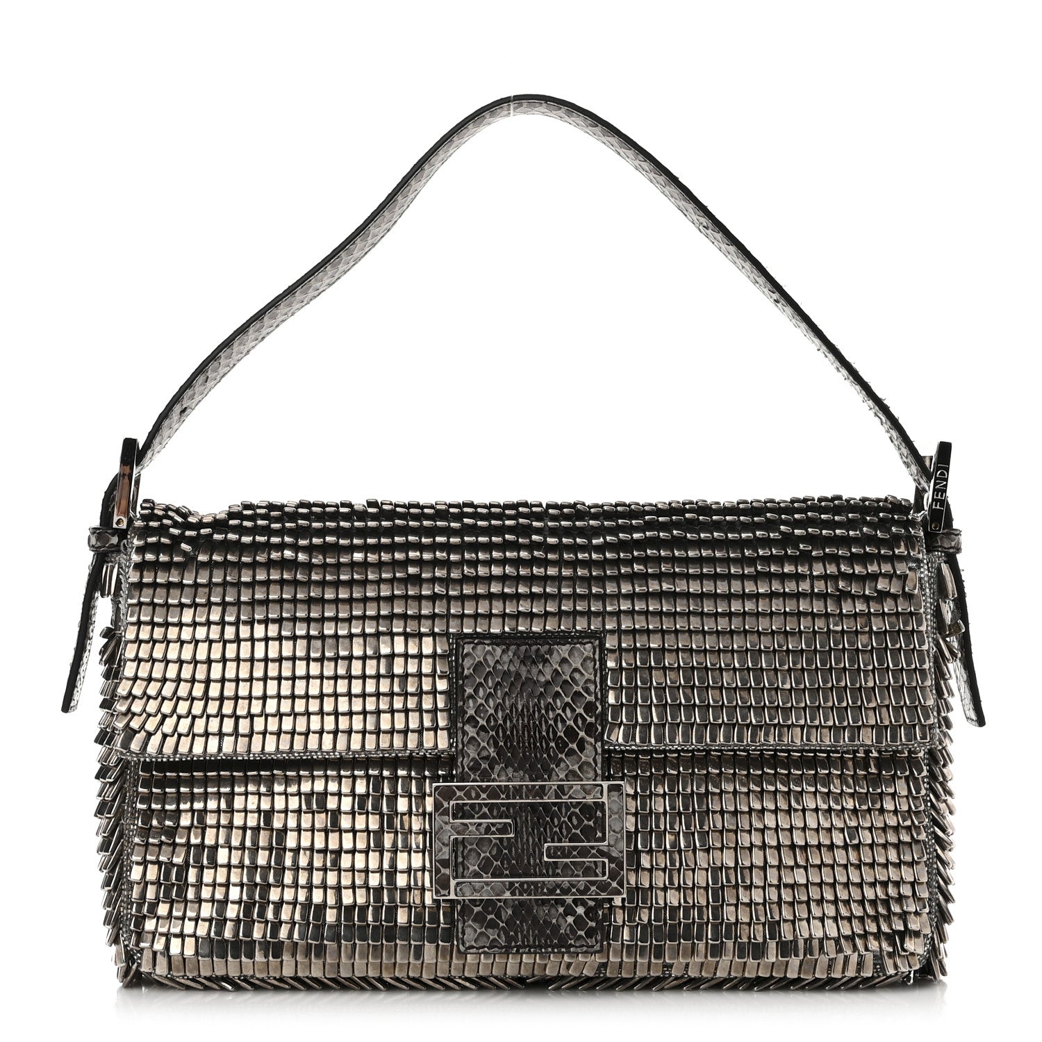 Fendi Fabric Beaded Embroidered Snakeskin Baguette Silver 1 of 11
