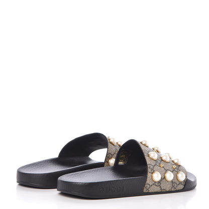 Gucci GG Supreme Monogram Pearls Slide Sandals 37 Beige 4 of 8