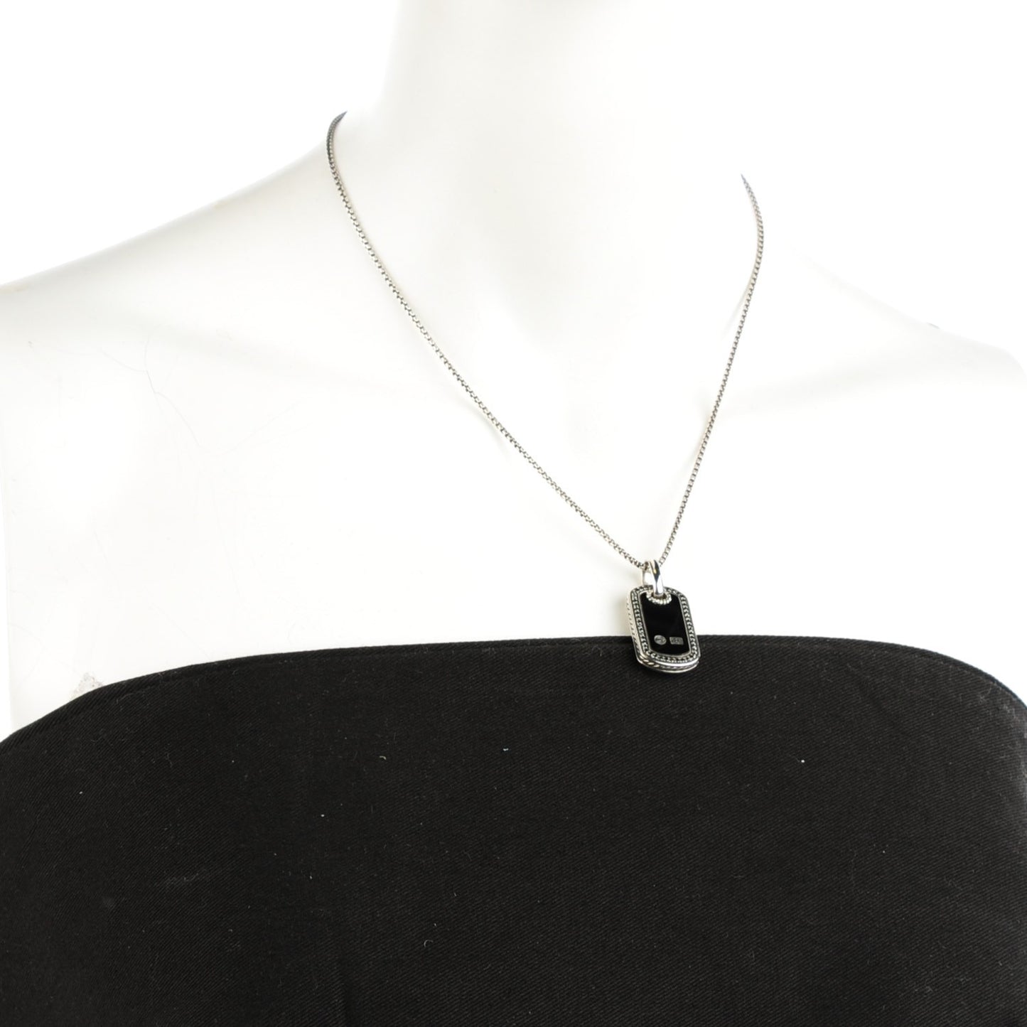 Sterling Silver Black Onyx Black Diamond Small Dog Tag Necklace