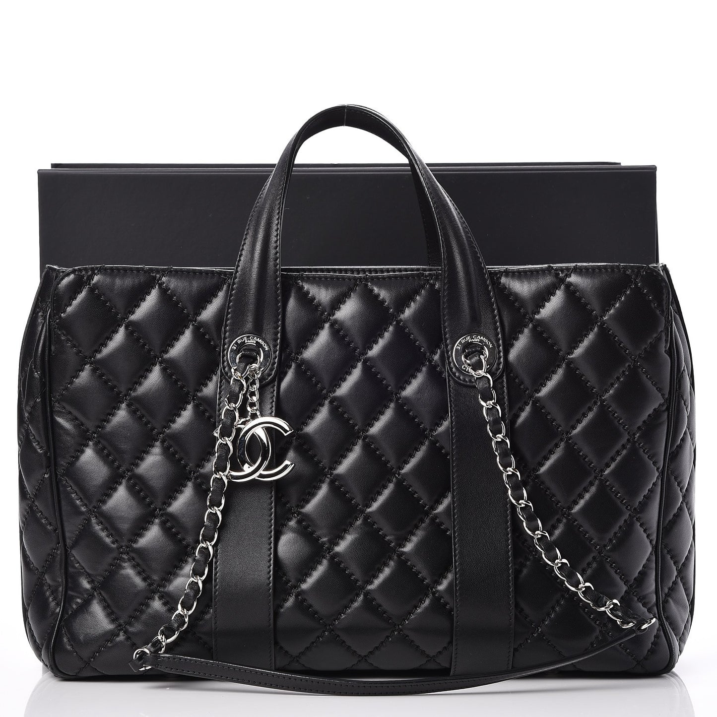 Lambskin Quilted Large Easy Carry Shopping Tote Black