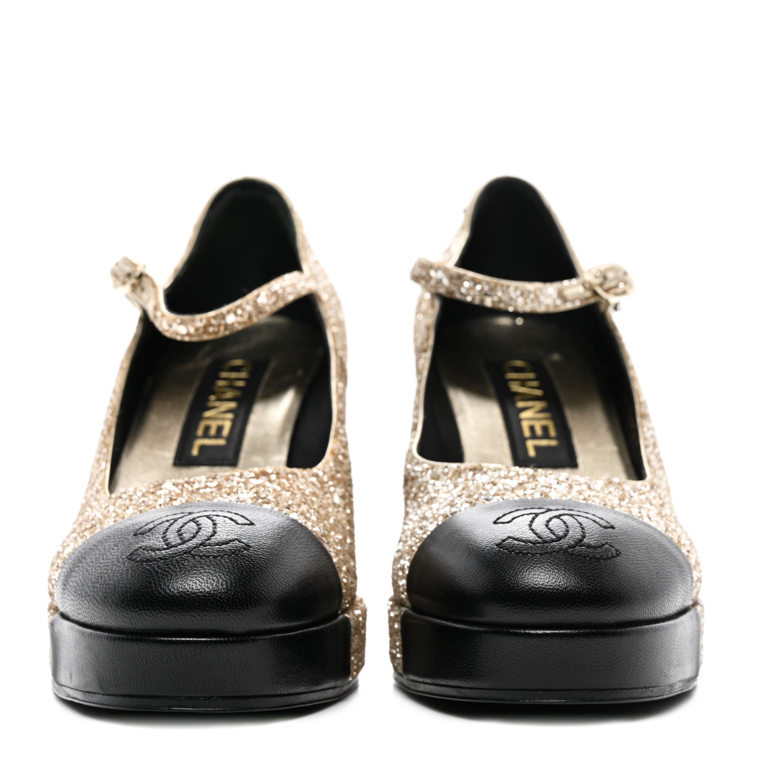 Chanel Glitter Lambskin Cap Toe CC Mary Jane Pumps 36 Light Gold Black 2 of 12