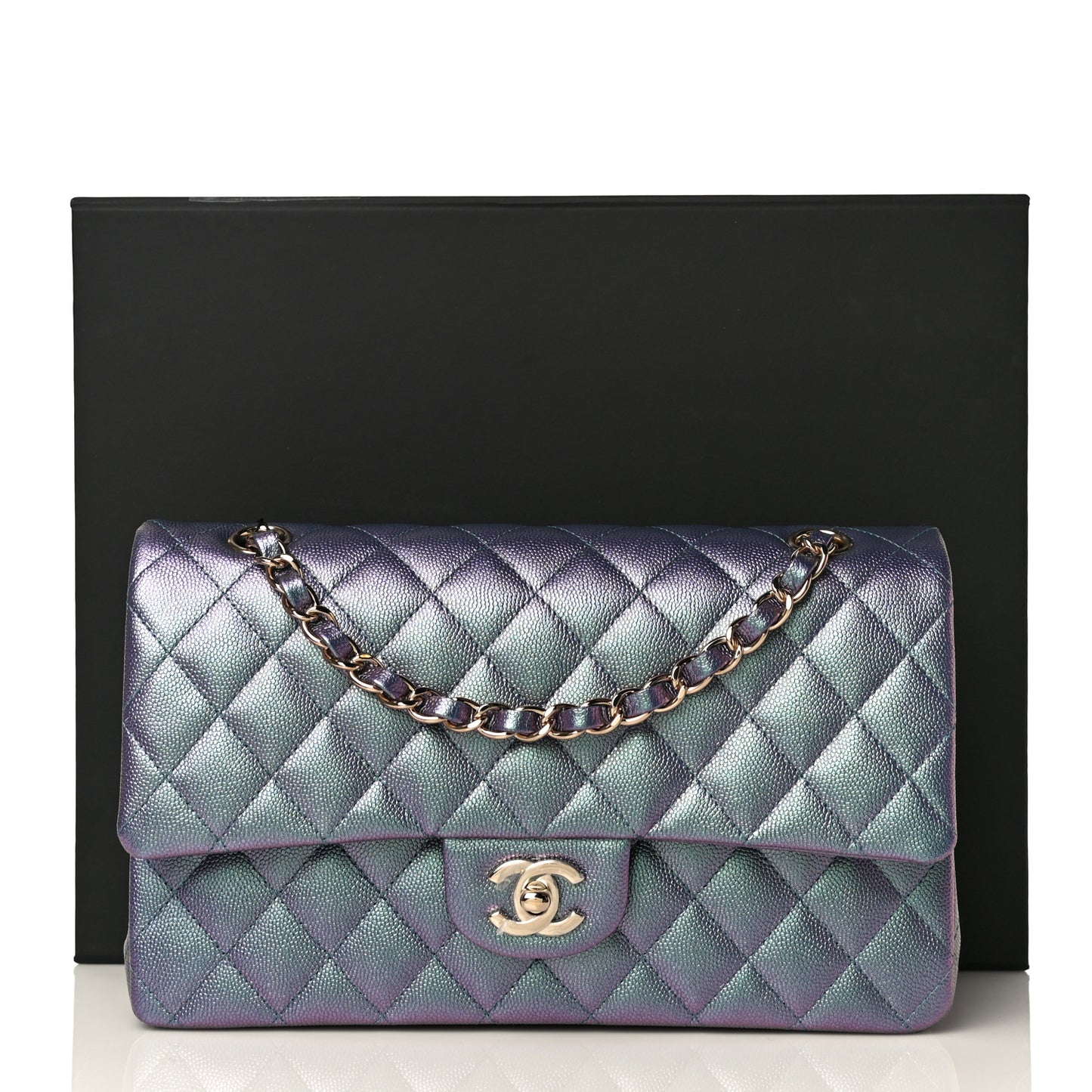 Iridescent Caviar Quilted Medium Double Flap Dark Blue