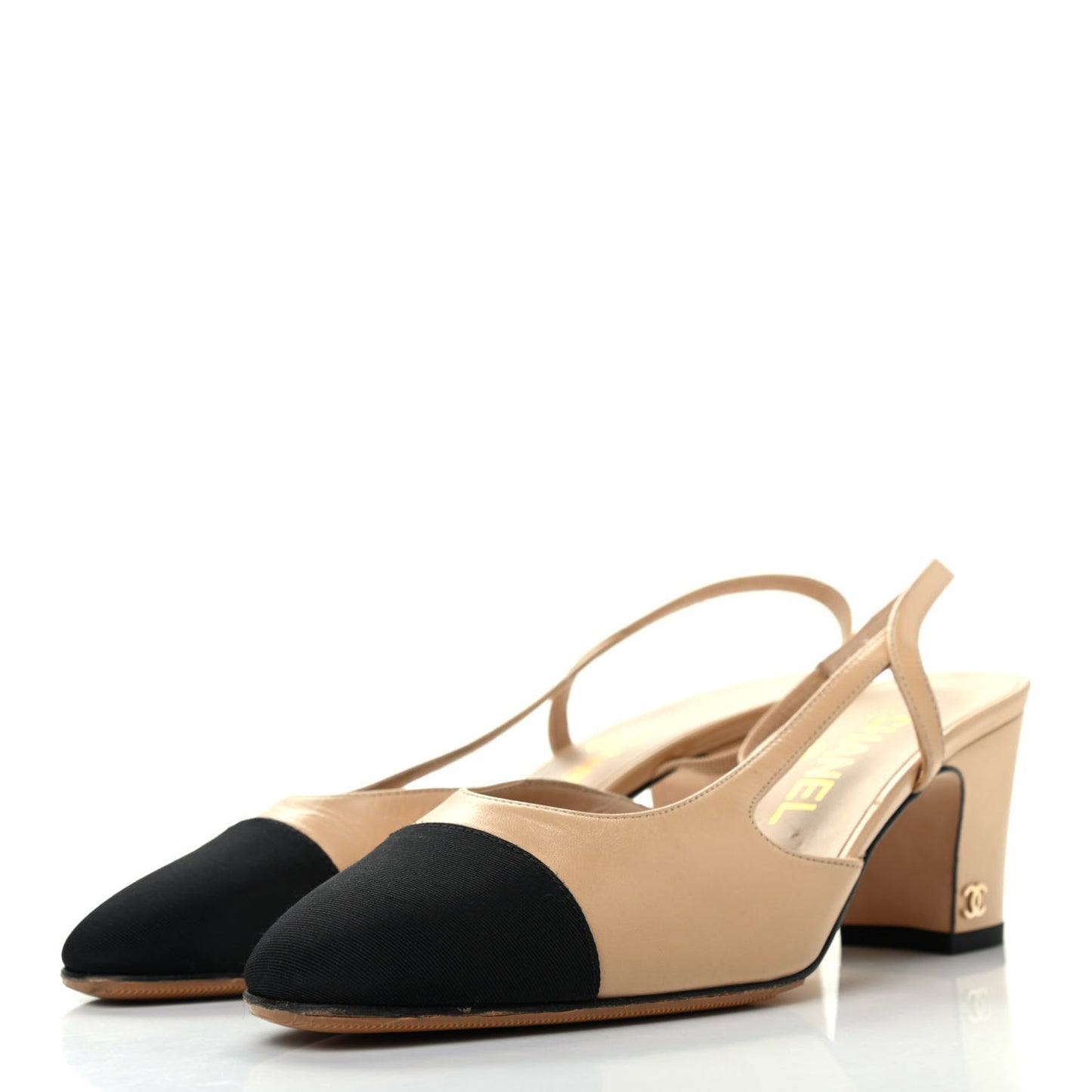 Lambskin Grosgrain Cap Toe CC Slingback Pumps 36 Beige Black