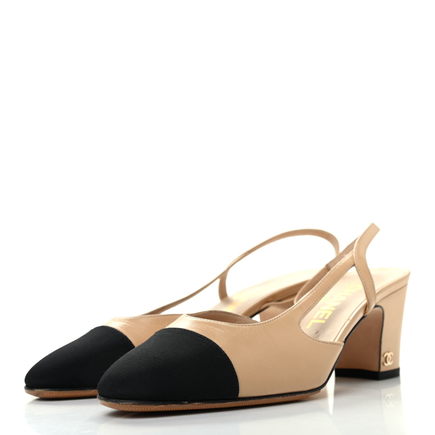 Chanel Lambskin Grosgrain Cap Toe CC Slingback Pumps 36 Beige Black 3 of 11