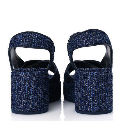 Chanel Silk Linen Tweed Quilted CC Platform Sandals 39.5 Navy Blue Gray 6 of 11
