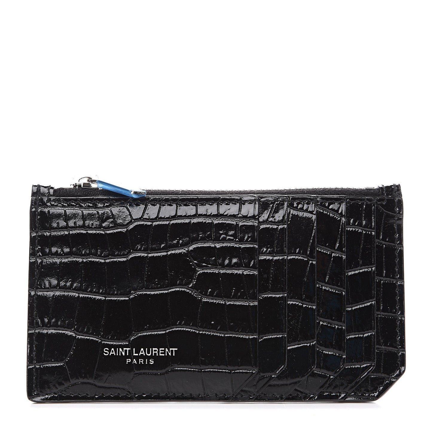 Calfskin Crocodile Embossed 5 Fragments Zip Card Holder Black