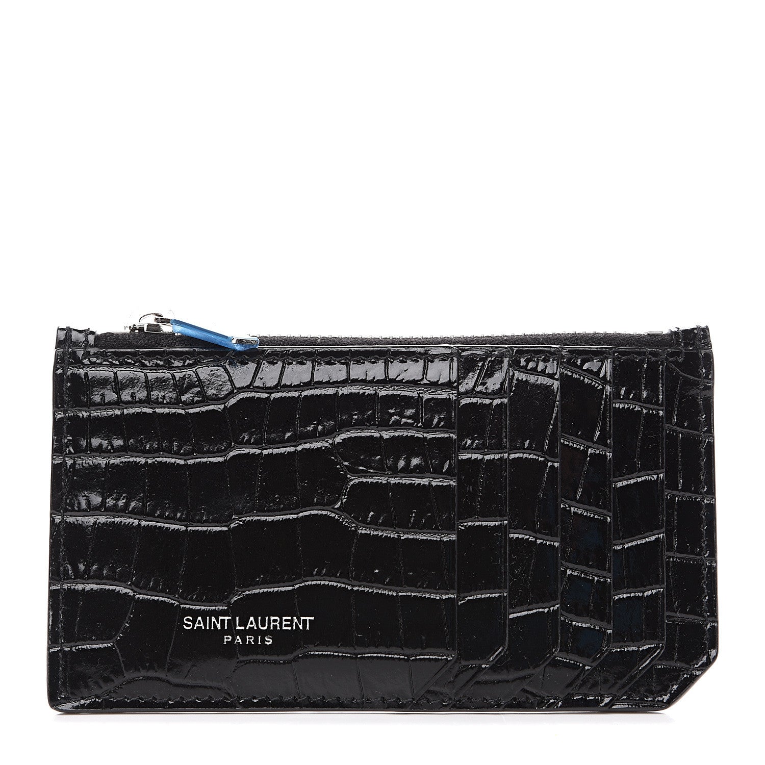 Saint Laurent Calfskin Crocodile Embossed 5 Fragments Zip Card Holder Black 1 of 6
