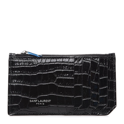 Saint Laurent Calfskin Crocodile Embossed 5 Fragments Zip Card Holder Black 1 of 6