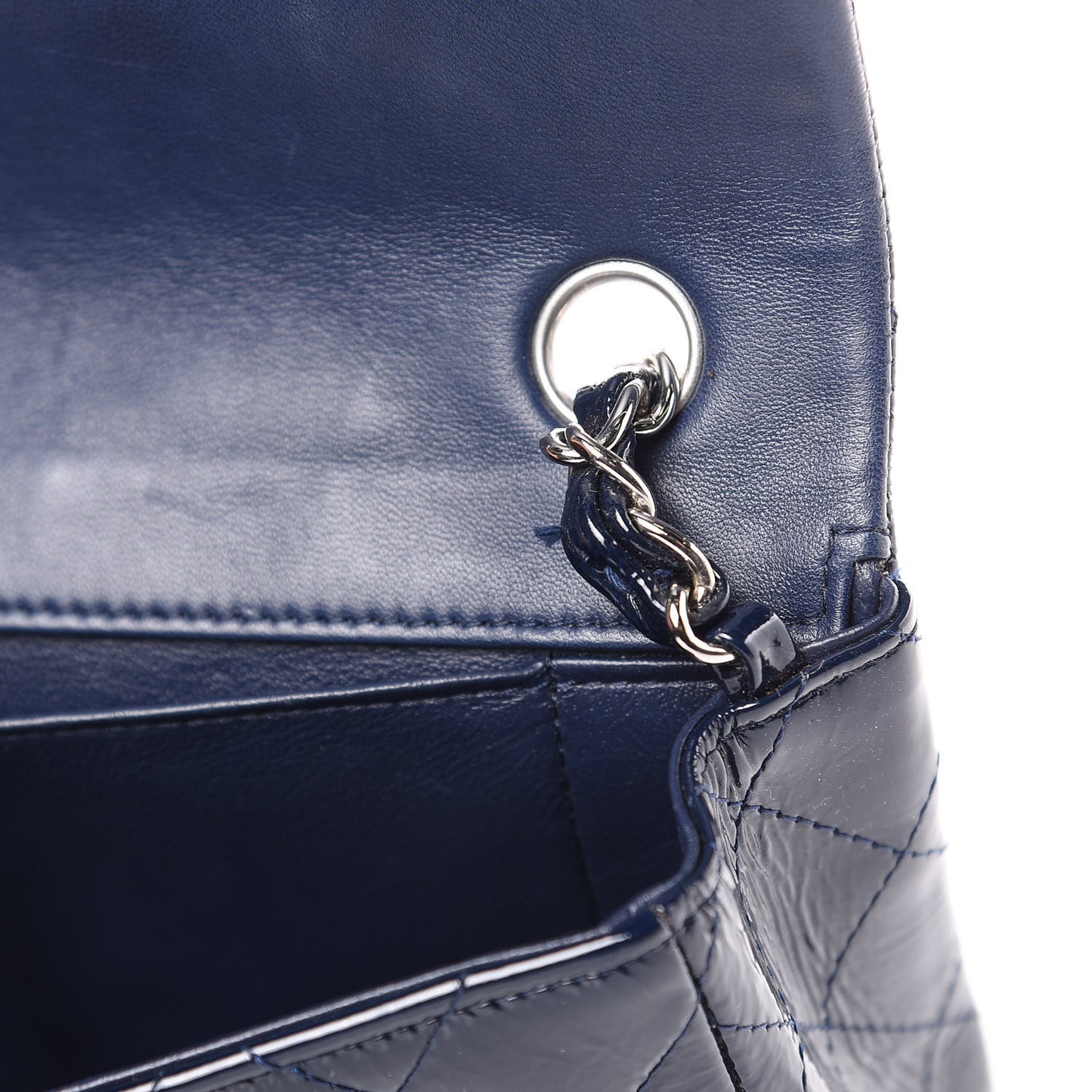 Distressed Patent Quilted East West Flap Navy Blue