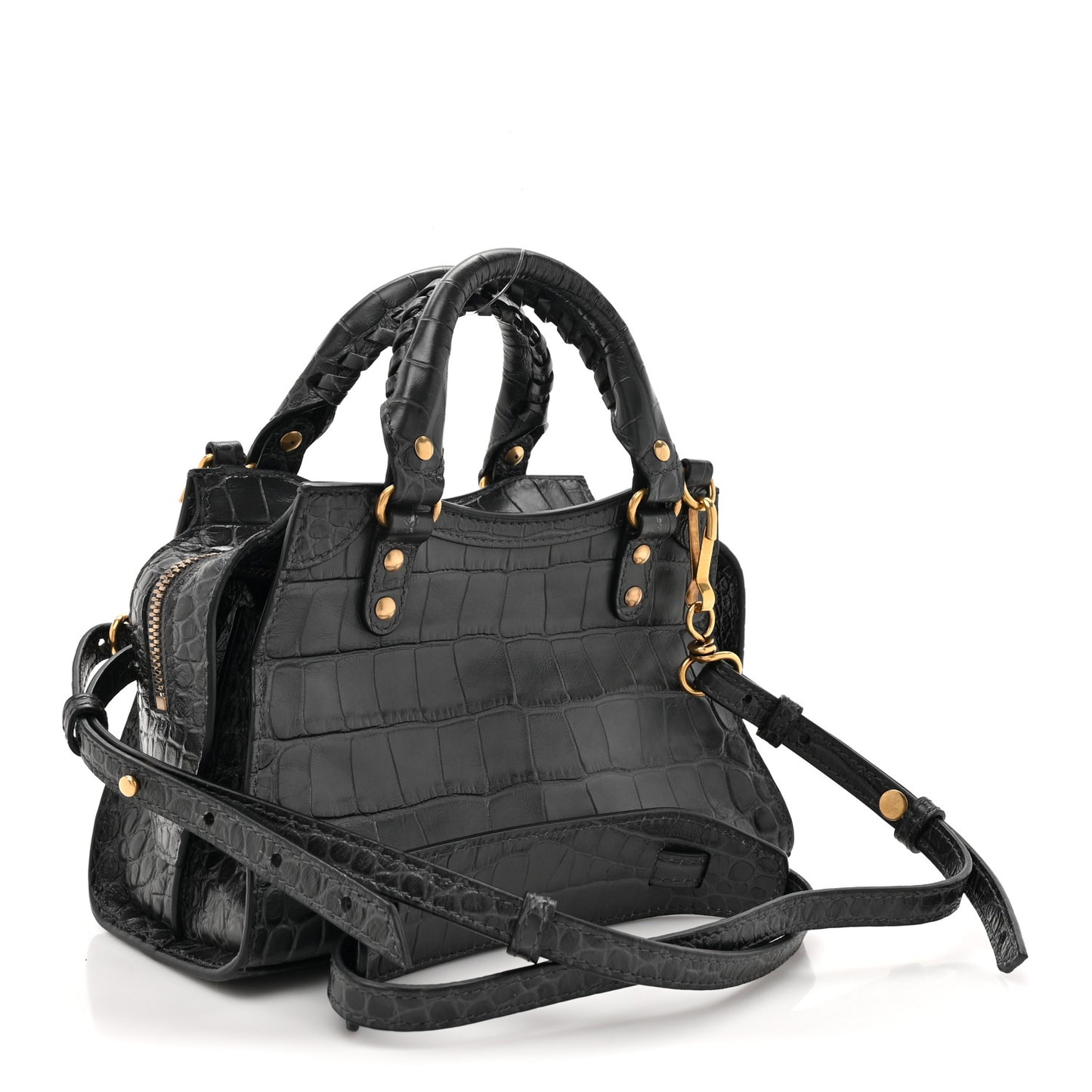 Shiny Supple Calfskin Crocodile Embossed Neo Classic Gold Hardware Mini City Black