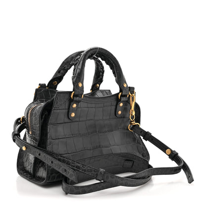 Balenciaga Shiny Supple Calfskin Crocodile Embossed Neo Classic Gold Hardware Mini City Black 3 of 13