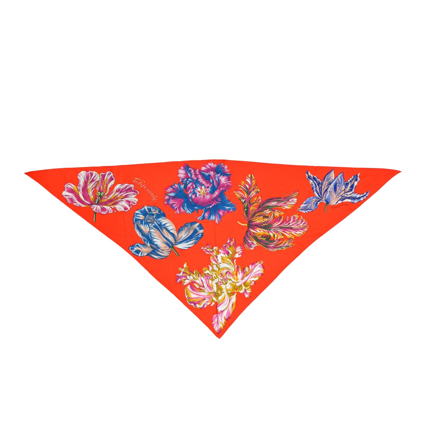 Cashmere Silk Tulipomanie Giant Pointe Triangle Scarf Vermillon Bleu Cobalt Fuschia
