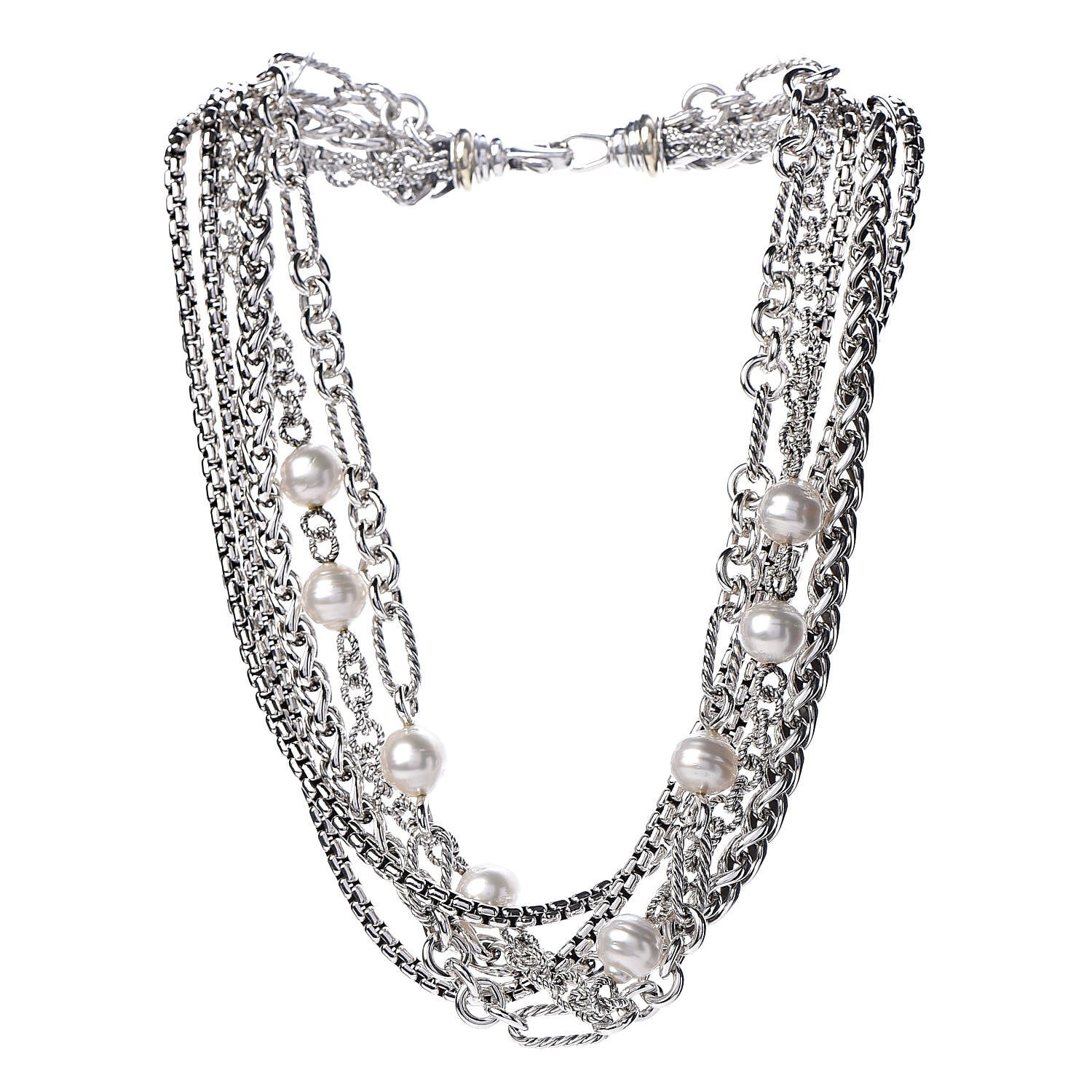 David Yurman Sterling Silver 18K Yellow Gold Freshwater Pearl Multi Chain Necklace 3 of 6