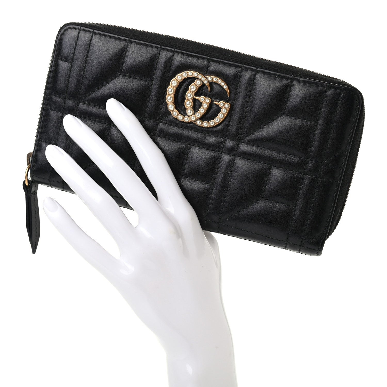 Gucci Calfskin Matelasse Pearly GG Marmont Zip Around Wallet Black 2 of 7