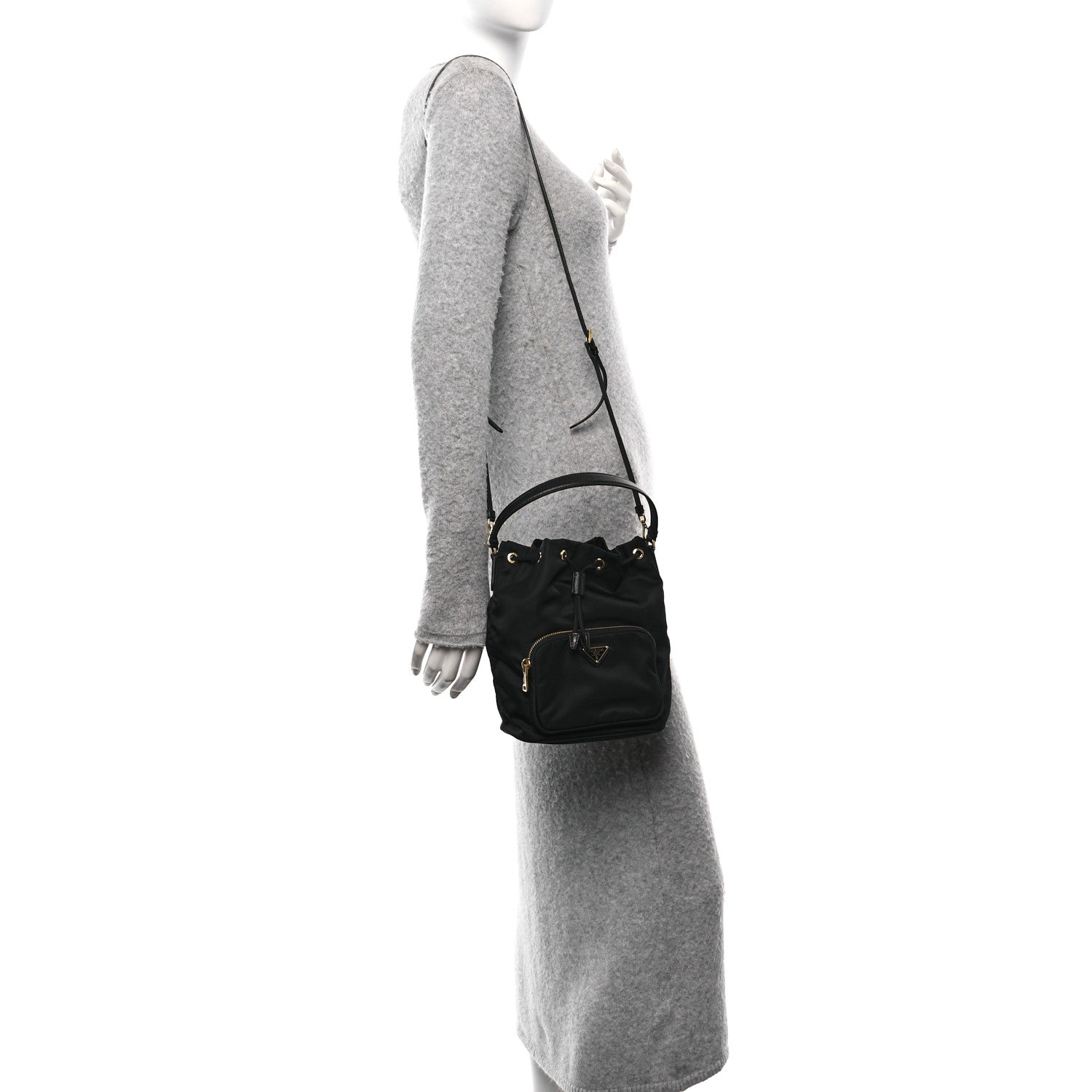 Prada Saffiano Tessuto Nylon Mini Bucket Crossbody Bag Black 2 of 9