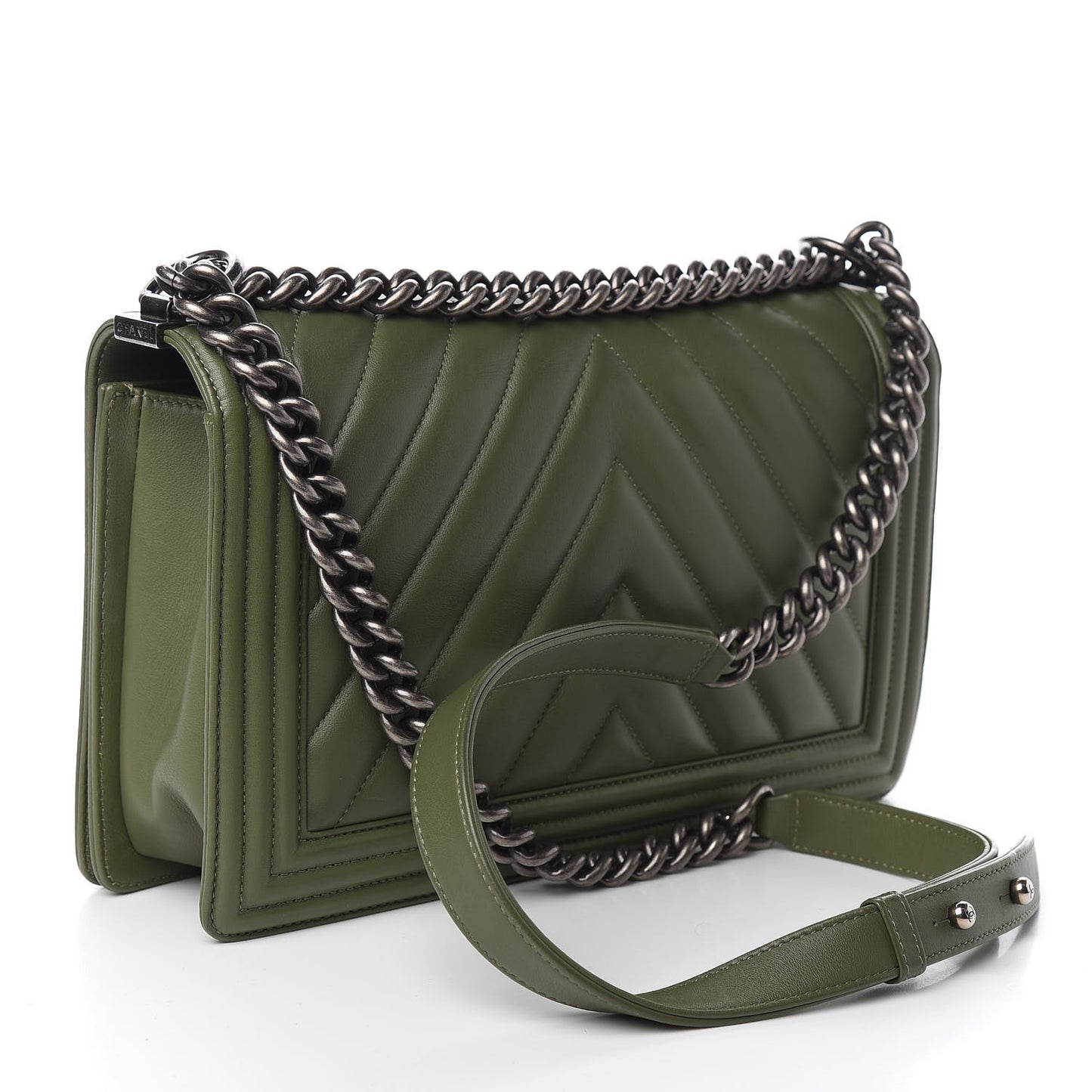 Calfskin Chevron Quilted New Medium Boy Flap Dark Green