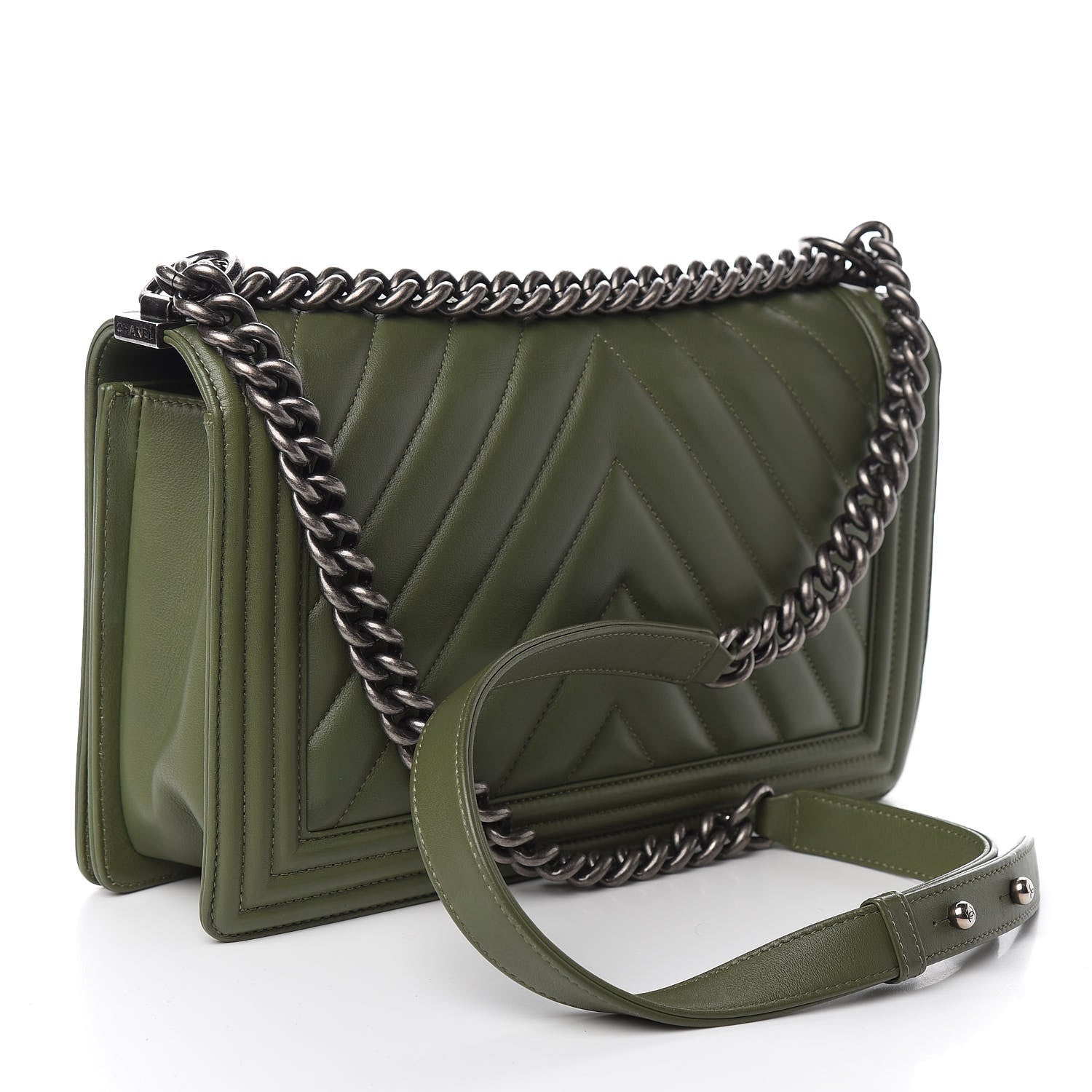 Chanel Calfskin Chevron Quilted New Medium Boy Flap Dark Green 2 of 13