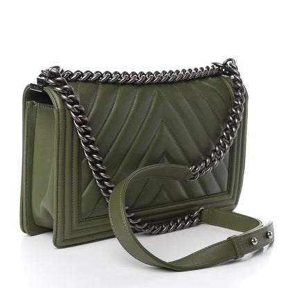 Chanel Calfskin Chevron Quilted New Medium Boy Flap Dark Green 2 of 13