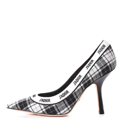 Christian Dior Canvas Ribbon Tartan Print Embroidered J'Adior 100mm Pumps 38 Black Off White 1 of 9