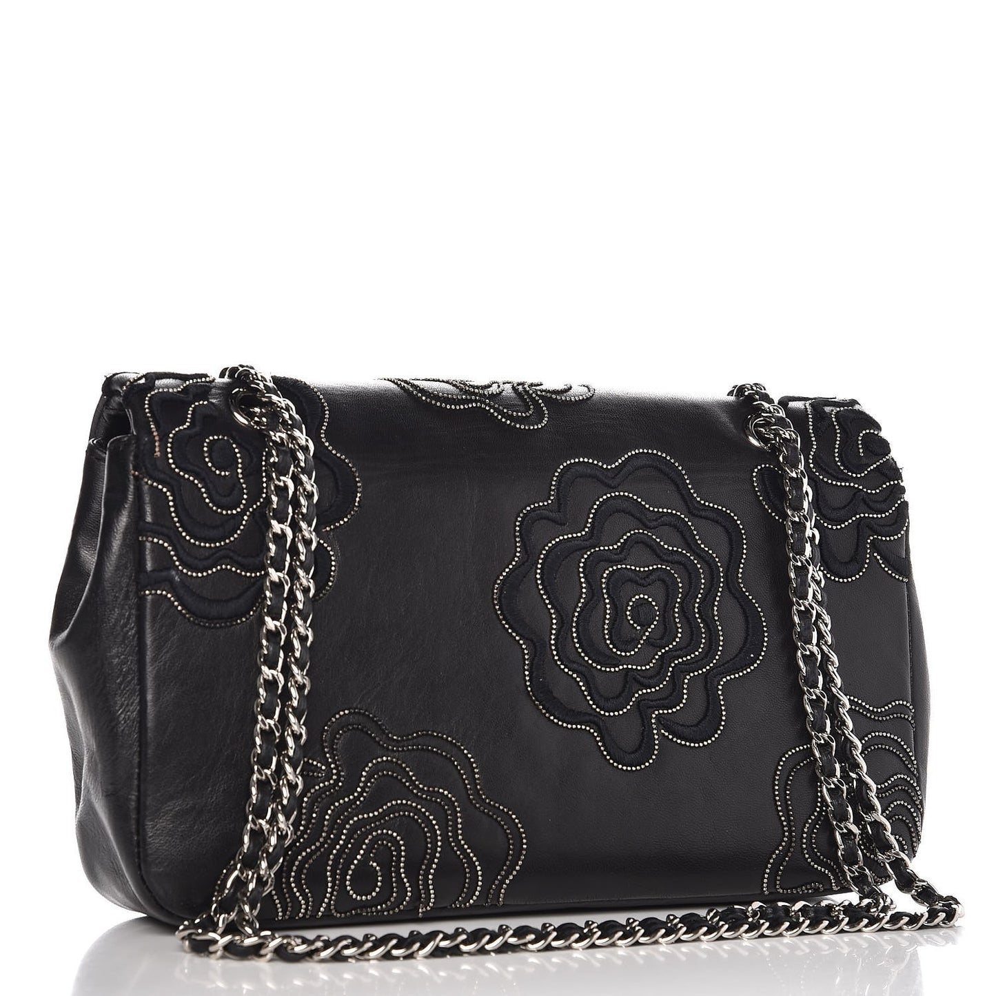 Lambskin Studded Camellia Embroidered Medium Flap Black