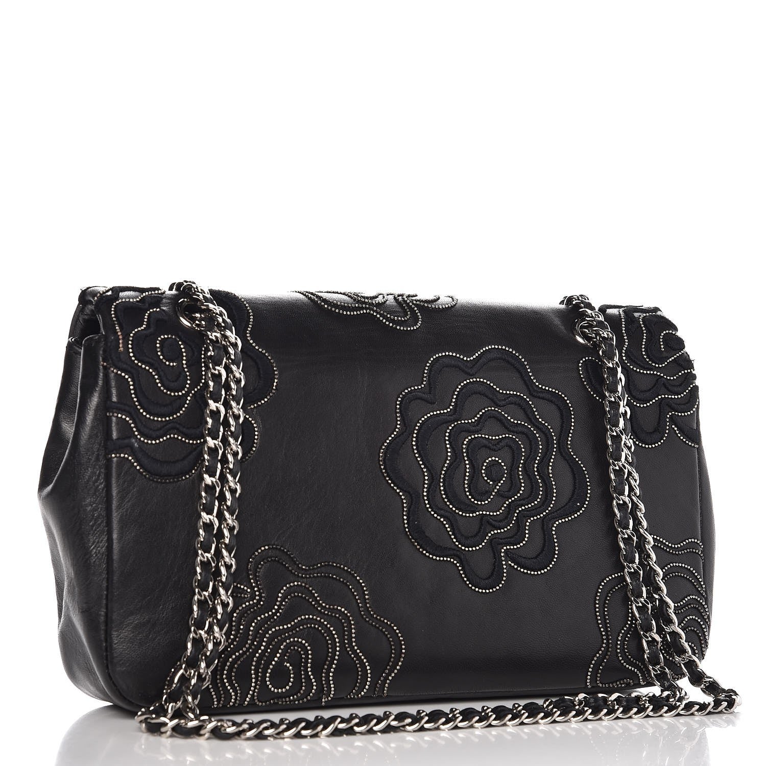 Chanel Lambskin Studded Camellia Embroidered Medium Flap Black 3 of 9