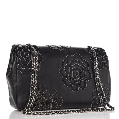 Chanel Lambskin Studded Camellia Embroidered Medium Flap Black 3 of 9