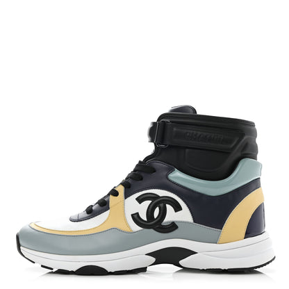 Chanel Calfskin Patent Lambskin Mens CC High Top Sneakers 45 White Yellow Navy Black 1 of 9