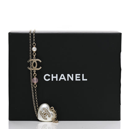 Chanel Resin Crystal CC Heart Necklace Pearly White Gold 5 of 5