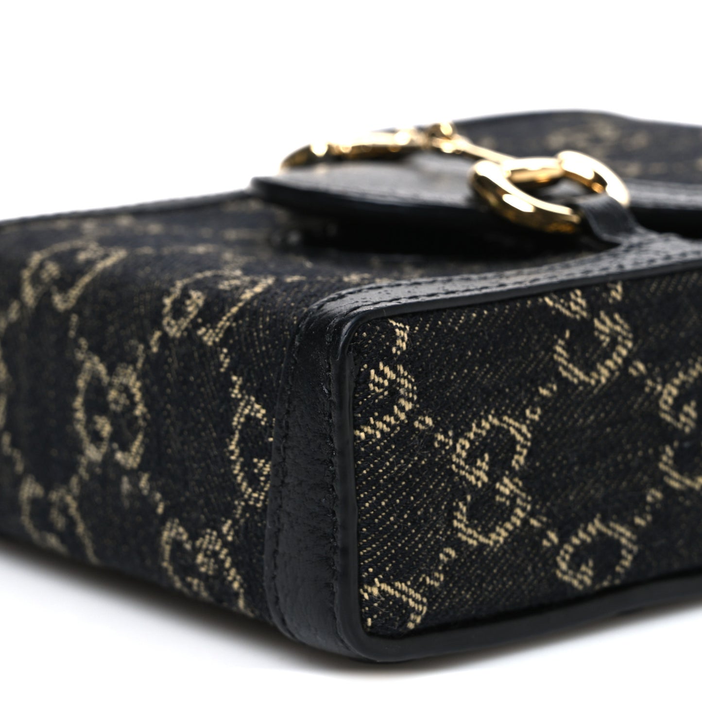 Jacquard Black Denim GG Monogram Textured Dollar Calfskin Mini Horsebit 1955 Crossbody Bag Black Ivory