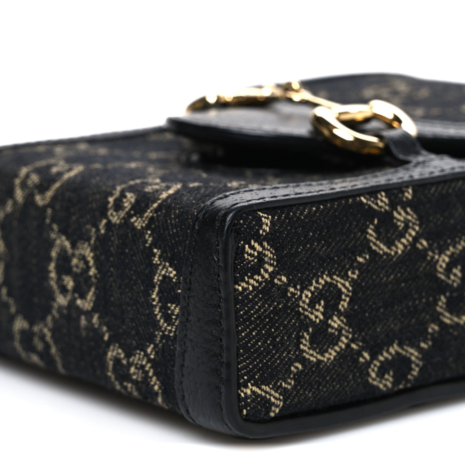 Gucci Jacquard Black Denim GG Monogram Textured Dollar Calfskin Mini Horsebit 1955 Crossbody Bag Black Ivory 9 of 10
