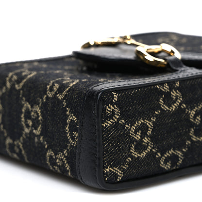 Gucci Jacquard Black Denim GG Monogram Textured Dollar Calfskin Mini Horsebit 1955 Crossbody Bag Black Ivory 9 of 10