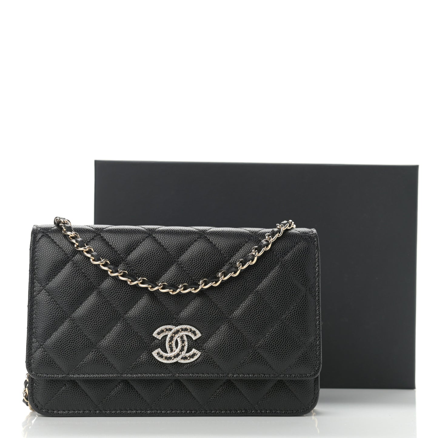 Caviar Quilted Crystal CC Wallet On Chain WOC Black