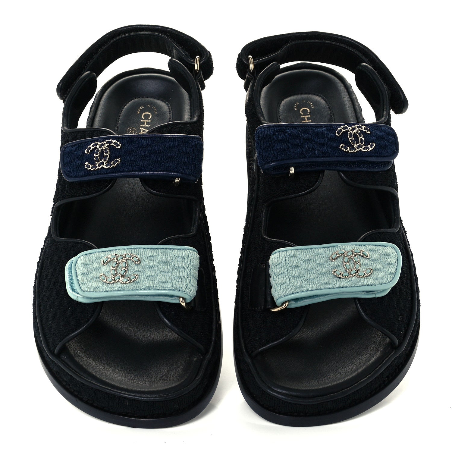 Chanel Knit Fabric Velcro Dad Sandals 39 Black Dark Blue Light Blue 5 of 12