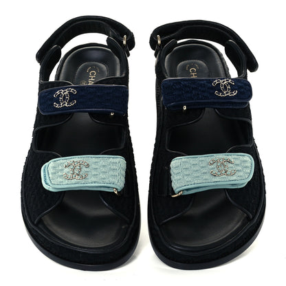 Chanel Knit Fabric Velcro Dad Sandals 39 Black Dark Blue Light Blue 5 of 12